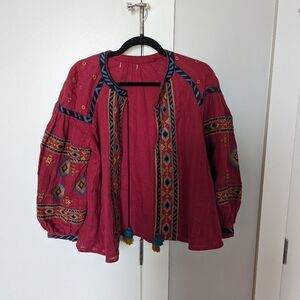World Market embroidered red boho jacket with tassels sz M